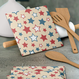 Red and Blue Stars, 4th of July, Beige Background Kakelplatta