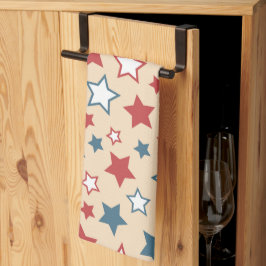 Red and Blue Stars, 4th of July, Beige Background Kökshandduk
