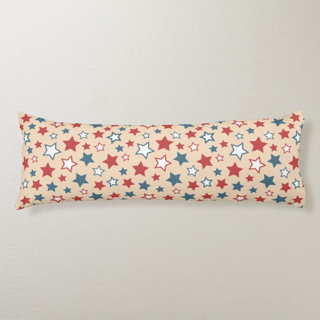 Red and Blue Stars, 4th of July, Beige Background Kroppskudde (Framsidan)