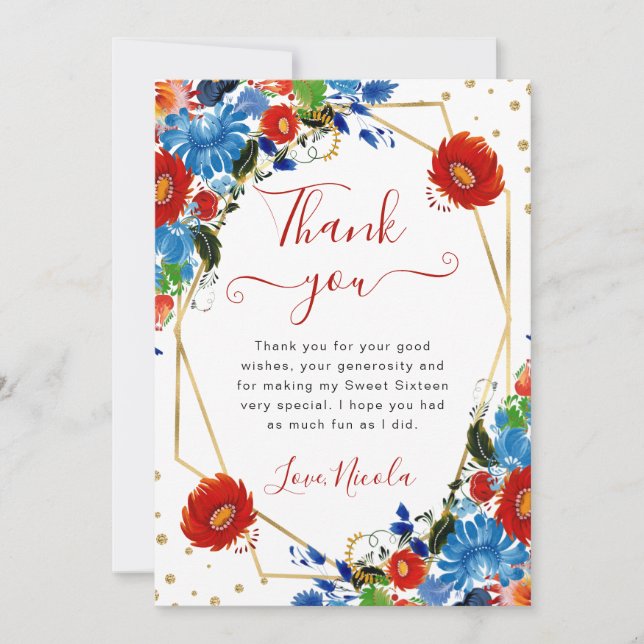 Red and Blue Summer Flowers Ram Sweet 16 Tack Kort (Framsida)