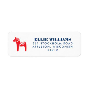 Red and Blue Swedish Dala Horse God Jul Helgdag Returadress Etikett