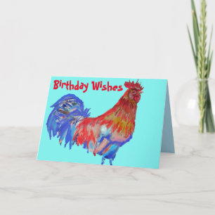 Red and Blue Tupp Watercolor Chicken Birthday  Kort