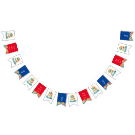 Red and Blue Whimsiic Birthday Cake Age and Namn Vimplar