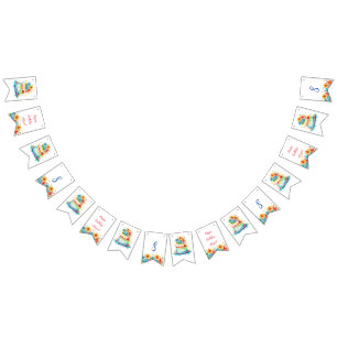 Red and Blue Whimsiic Birthday Cake Age and Namn Vimplar