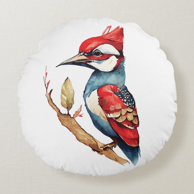 Red and Blue Woodpecker Rund Kudde (Framsidan)