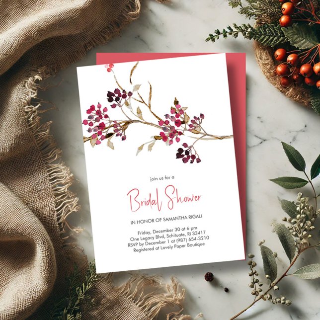 Red and Brown Fall Inbjudningskort för möhippa (Rustic bridal shower invitations watercolor twigs and berries)