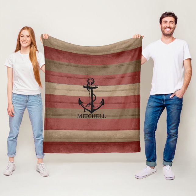 Red and Brown Wood Nautical ⚓ Rand & Anchor Fleecefilt (På plats)