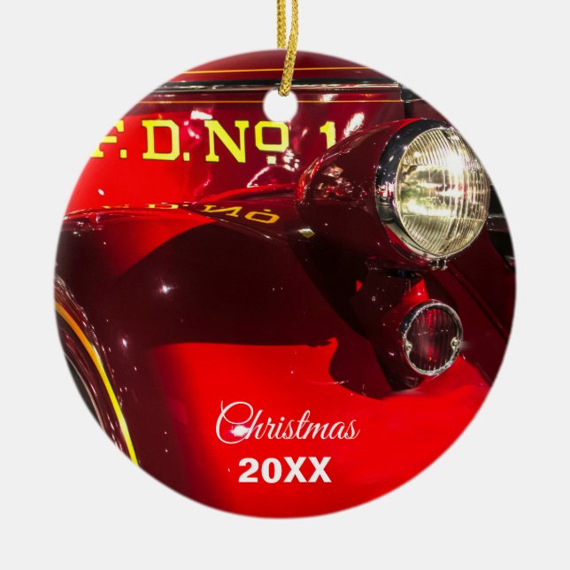 Red and Chrome Vintage Fire Lastbil Julgransprydnad Keramik (Framsidan)