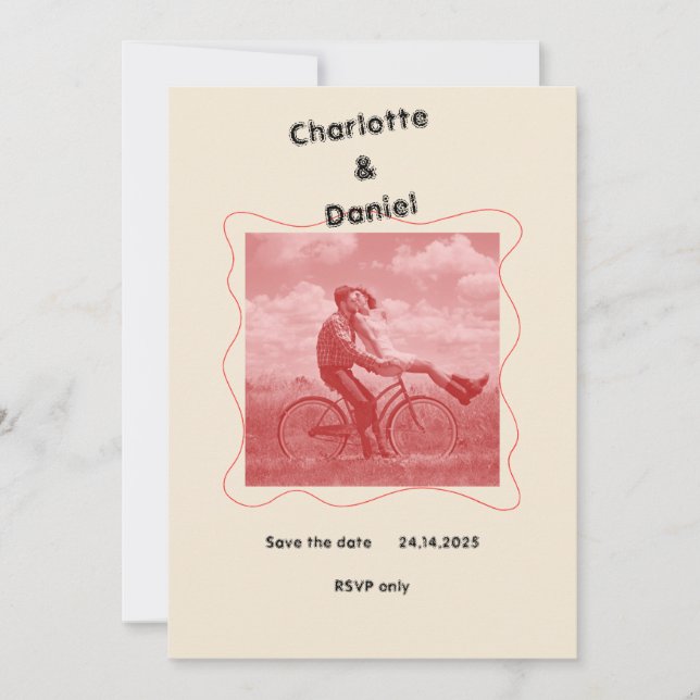 Red and Cream Modern Minimalist Roligt Retro Bröll Inbjudningar (Framsida)