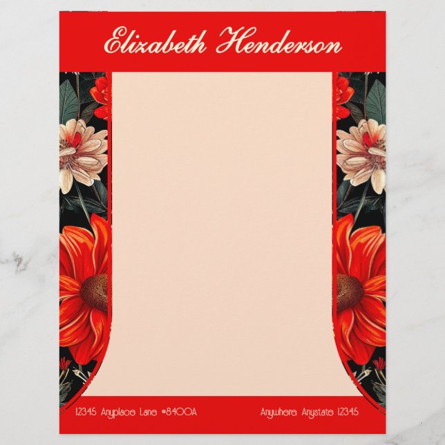Red and Cream Mörk Blommigt Letterhead Brevhuvud (Framsida)
