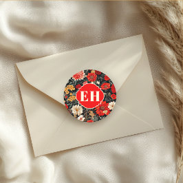 Red and Cream Mörk Blommigt Round Sticker Runt Klistermärke
