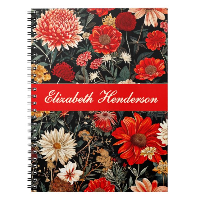 Red and Cream Mörk Blommigt Spiral bärbar dator Anteckningsbok (Framsidan)