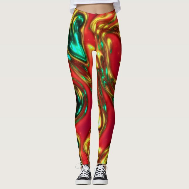 Red and Cyan Neon Liquid Abstrakt Art Leggings (Framsida)