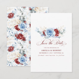 Red and Dusty Blue Floral Save the Date Spara Datumet