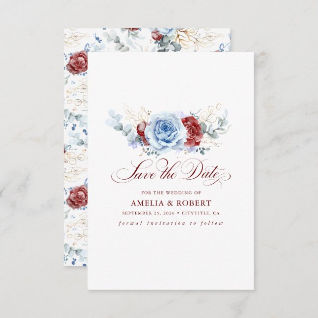 Red and Dusty Blue Floral Save the Date Spara Datumet (Fram/baksida)