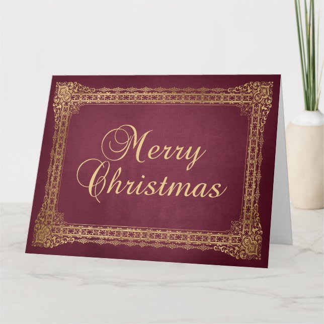 Red and Faux Gold Ornate Border Merry Christmas Kort (Framsida)