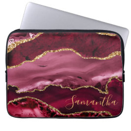 Red and Faux Guld Glitter Marble Agate Laptop Fodral