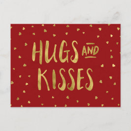 Red and Faux Guld Hugs & Kisses Hearts Valentine Helg Vykort