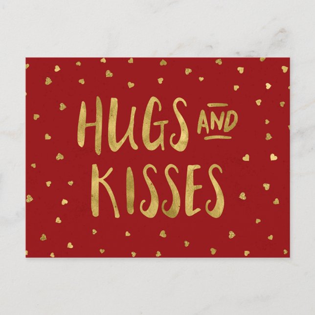 Red and Faux Guld Hugs & Kisses Hearts Valentine Helg Vykort (Framsida)