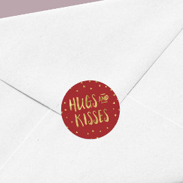 Red and Faux Guld Hugs & Kisses Hearts Valentine Runt Klistermärke