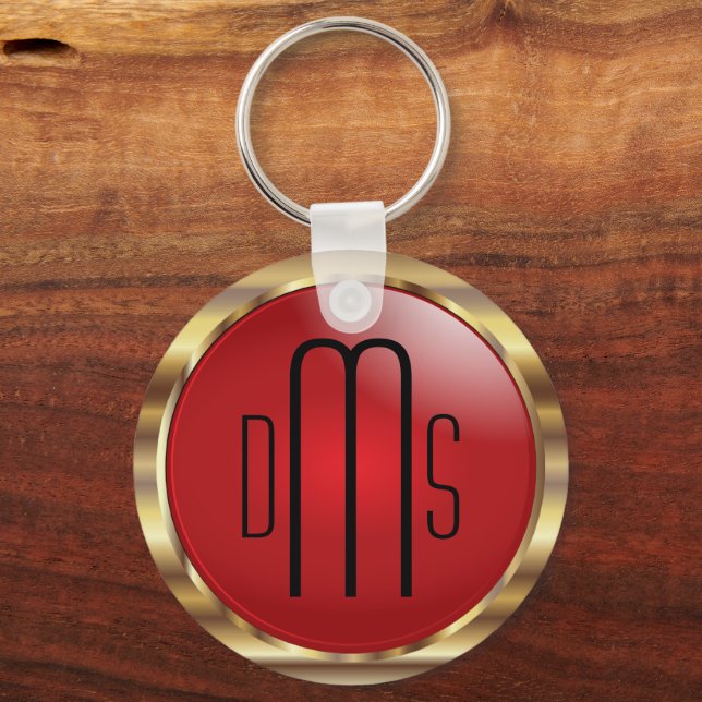 Red and Faux Metallic Guld med Monogram Nyckelring (Framsida)