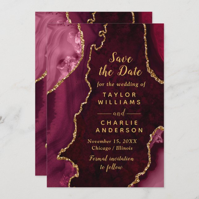 Red and Gold Agate Marble Save The Date Inbjudningar (Fram/baksida)