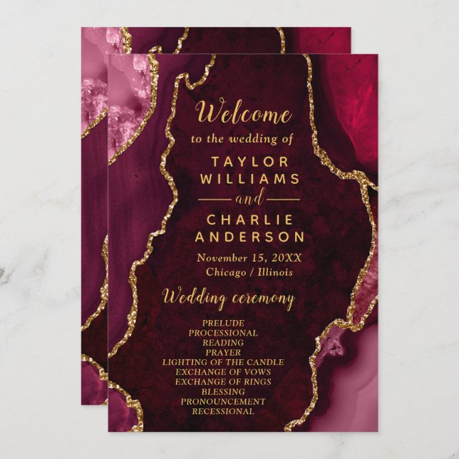 Red and Gold Agate Wedding Program (Fram/baksida)