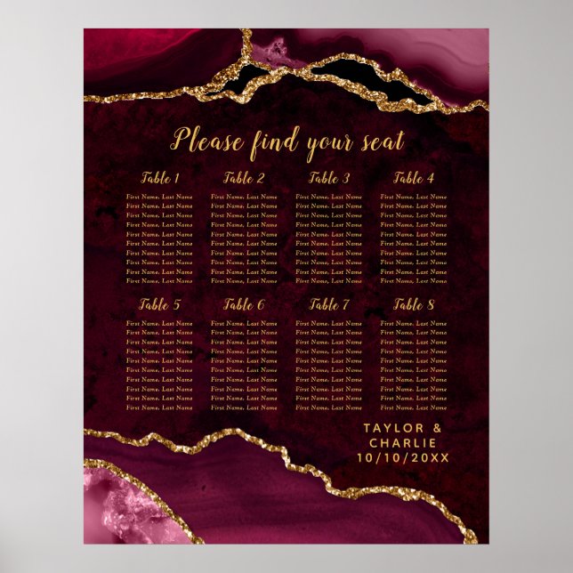 Red and Gold Agate Wedding Seating Chart Poster (Framsidan)