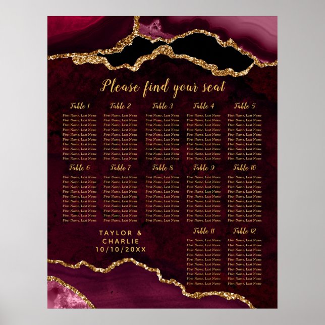 Red and Gold Agate Wedding Seating Chart Poster (Framsidan)