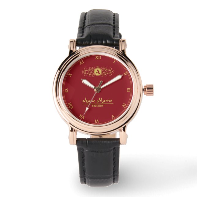 Red and Gold Custom Monogram Elegant Luxury Gift Armbandsur (Framsida)