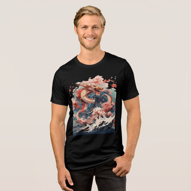 Red and Gold Dragon Over Stormy Sea T Shirt (Framsida Full)