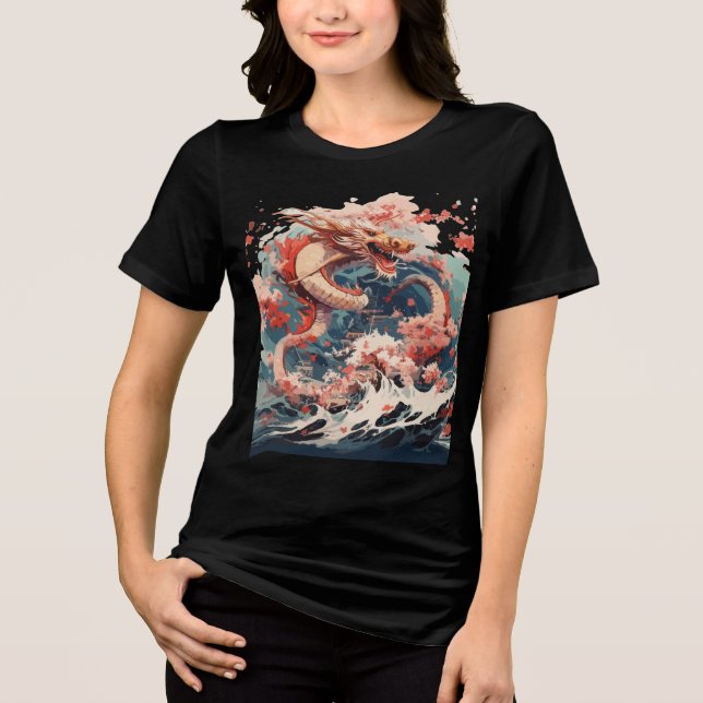Red and Gold Dragon Over Stormy Sea T Shirt (Framsida)
