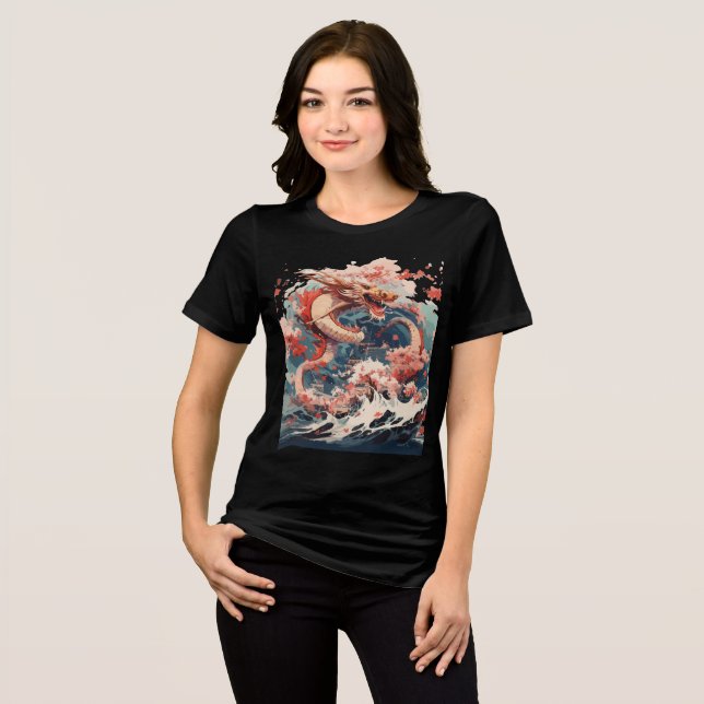 Red and Gold Dragon Over Stormy Sea T Shirt (Framsida Full)