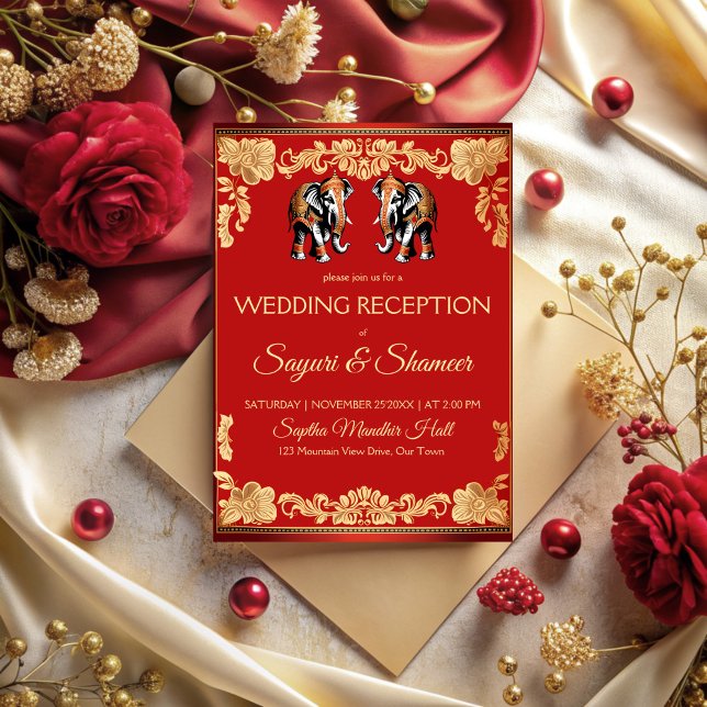 Red and gold elephants Indian wedding reception Inbjudningar (Red and gold elephants Indian wedding reception Invitation cards template wedding invitation suite)