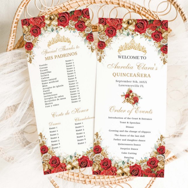 Red and Gold Floral Quinceanera Order of Events Program (Skapare uppladdad)