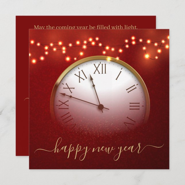 Red and Gold New Year’s Card with Midnight Clock Julkort (Fram/baksida)