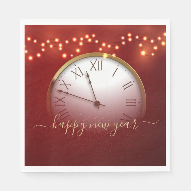 Red and Gold New Year’s Card with Midnight Clock Pappersservett (Framsidan)