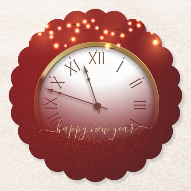 Red and Gold New Year’s Card with Midnight Clock Underlägg Papper (Framsida)