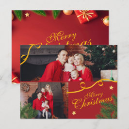 Red and Gold Photo Family Merry Christmas Happy Helg Vykort