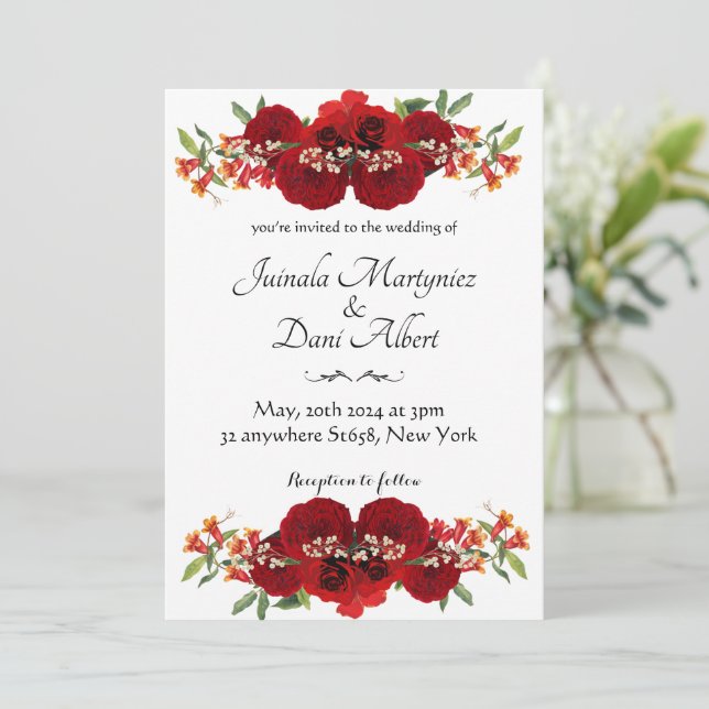 Red and gold rustic flower wedding invitation  meddelande (Stående Fram)
