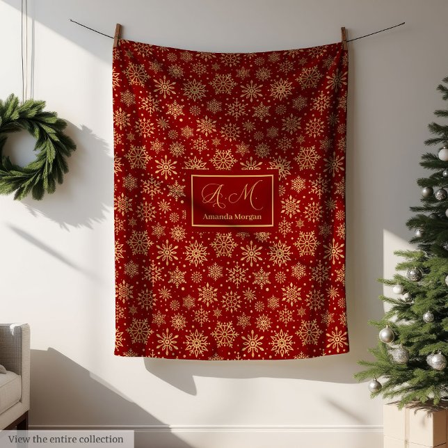 Red and Gold Snowflakes Personalized Christmas Fleecefilt (Personalized Throw Blanket Red Gold Luxe Christmas)