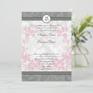 Red and Grått Vintage Lovebird Damask Wedding Inbjudningar