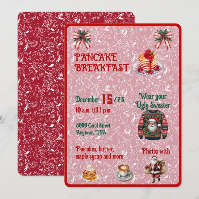 Red and Green Christmas Pancake Breakfast Inbjudningar (Fram/baksida)