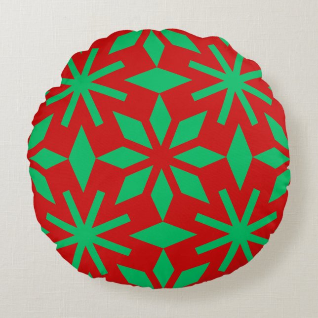 Red and Green Christmas Snowflakes Pattern Rund Kudde (Framsidan)