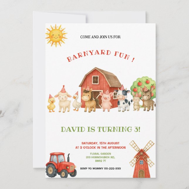 RED AND GREEN FARM BIRTHDAY PARTY INVITATION INBJUDNINGAR (Framsida)