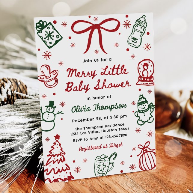 Red and Green Hand Drawn Merry Little Baby Shower  Inbjudningar (Skapare uppladdad)