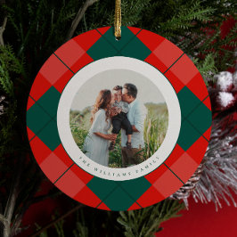Red and Green Modern Plaid Family Photo Christmas Julgransprydnad Keramik