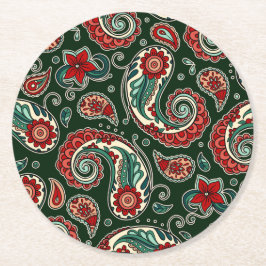 Red and Green Paisley Paper Coaster Underlägg Papper Rund