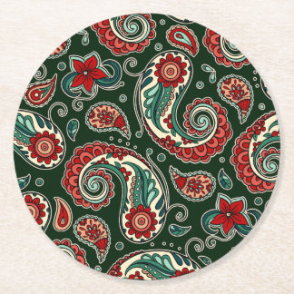 Red and Green Paisley Paper Coaster Underlägg Papper Rund