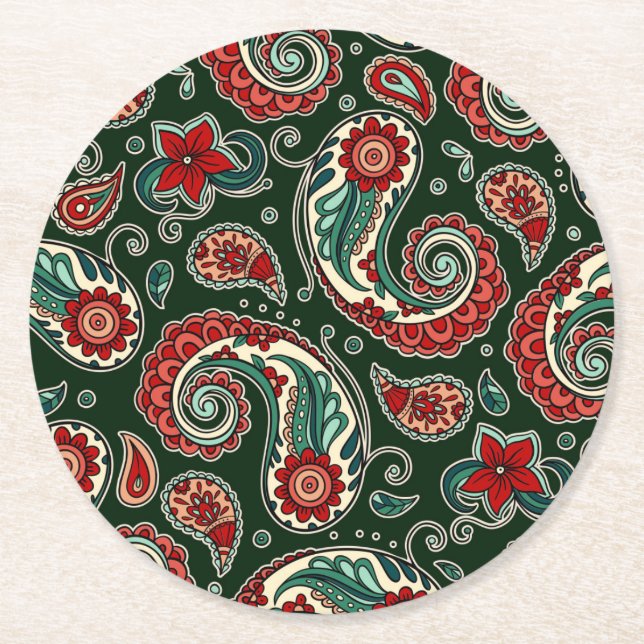Red and Green Paisley Paper Coaster Underlägg Papper Rund (Framsidan)